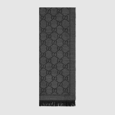 GUCCI JACQUARD PATTERN KNITTED SCARF GREY