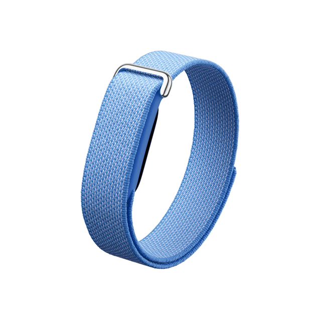 Blue woven band on a light gray background