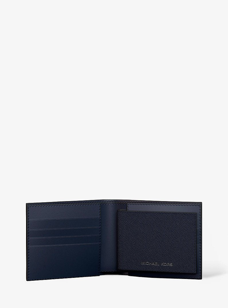 Michael Kors Cooper Saffiano Leather Billfold Wallet With Passcase Navy in Navy – Exterior Closed View