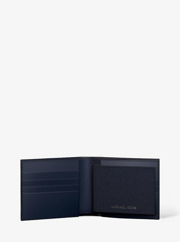 Michael Kors Cooper Saffiano Leather Billfold Wallet With Passcase Navy in Navy – Exterior Closed View