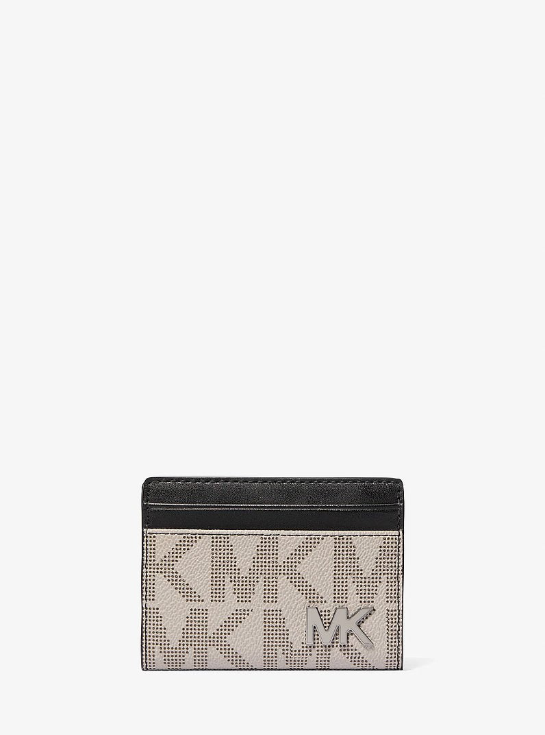 Michael Kors Cooper Large Signature Logo Folio Bi-Fold Wallet Pg/Blk Mul in Pink Grapefruit/Black Multi – Exterior Closed Vie