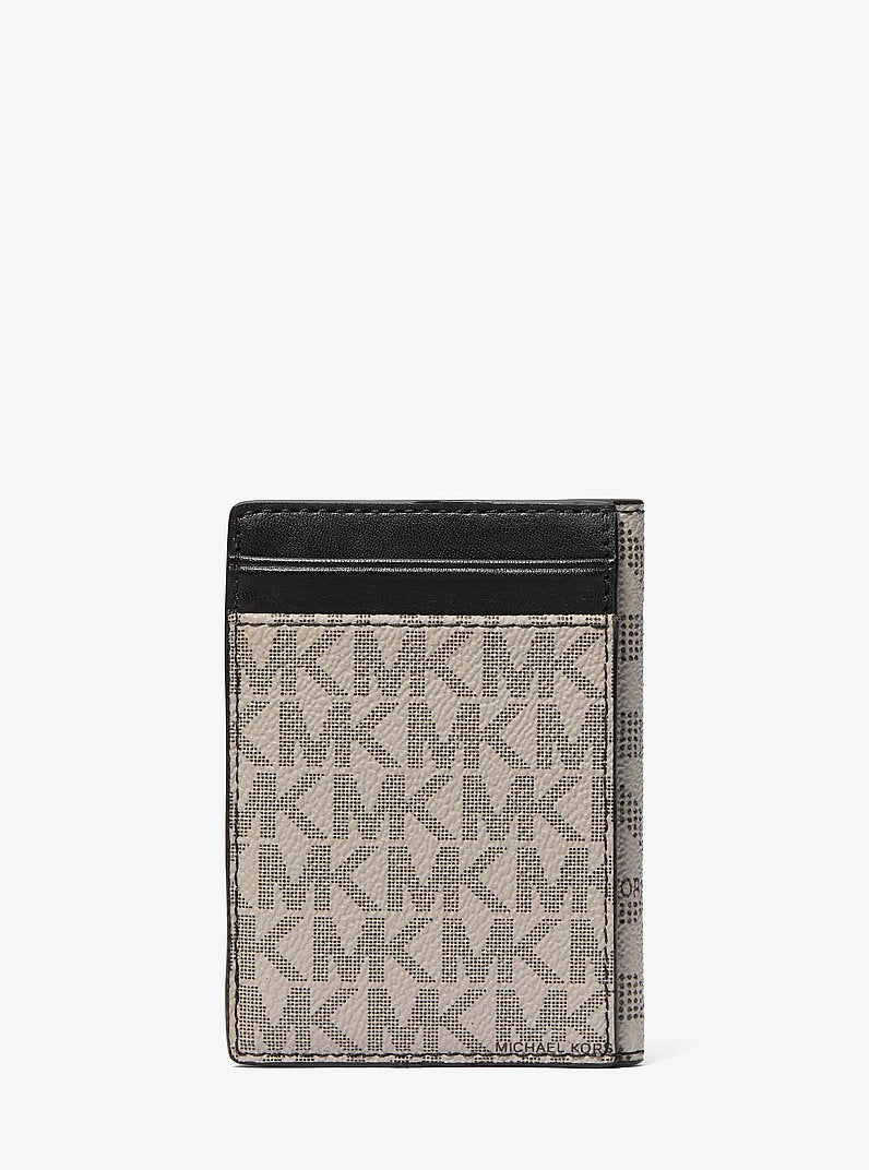 Michael Kors Cooper Large Signature Logo Folio Bi-Fold Wallet Pg/Blk Mul in Pink Grapefruit/Black Multi – Interior Open – Car