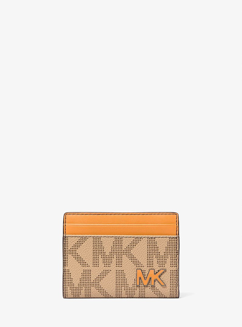 Michael Kors Cooper Large Signature Logo Folio Bi-Fold Wallet Cml/Rorg Mul in Camel/Rose Orange Multi – Exterior Closed View