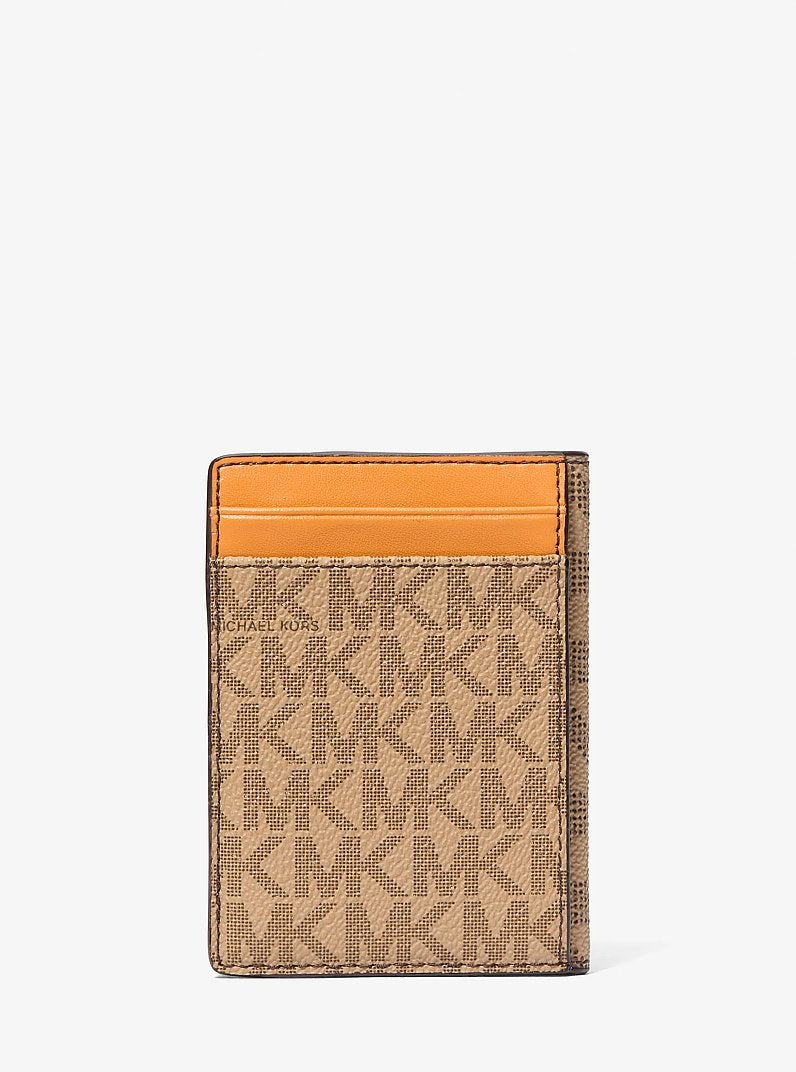 Michael Kors Cooper Large Signature Logo Folio Bi-Fold Wallet Cml/Rorg Mul in Camel/Rose Orange Multi – Interior Open – Card 