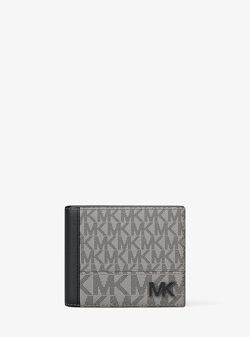 Michael Kors Cooper Signature Logo Billfold Wallet Pg/Blk Mul in Pink Grapefruit/Black Multi – Exterior Closed View