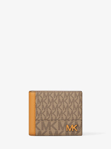 Michael Kors Cooper Signature Logo Billfold Wallet Cml/Rorg Mul in Camel/Rose Orange Multi – Exterior Closed View