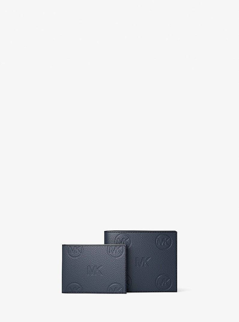 Michael Kors Cooper Logo Debossed Billfold Wallet With Passcase Navy in Navy – Exterior Closed View