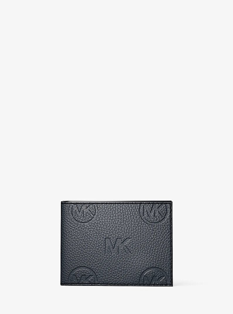 Michael Kors Cooper Logo Debossed Billfold Wallet With Passcase Navy in Navy – Flat-Lay Lifestyle View