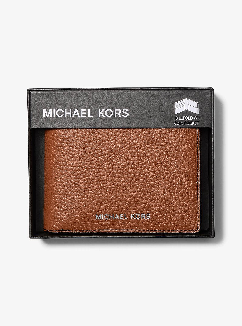 Michael Kors Cooper Pebbled Leather Billfold Wallet With Coin Pouch Luggage in Luggage – Interior Open – Card Slots