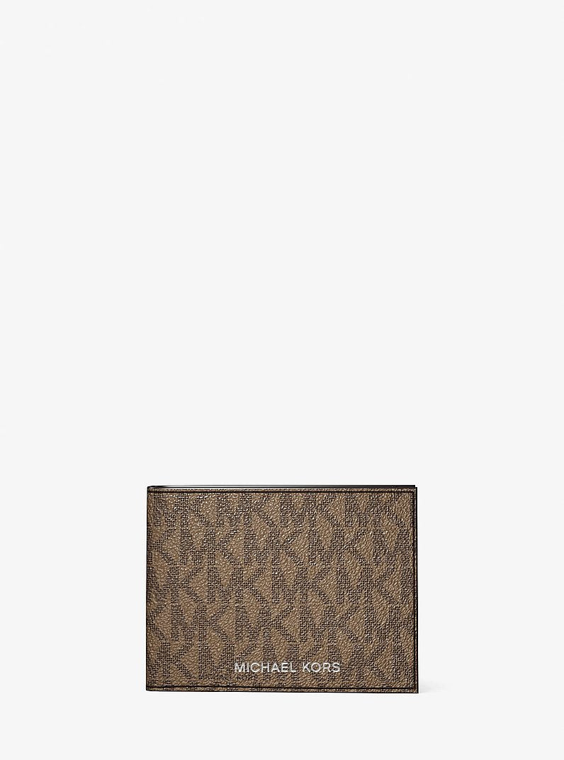 Michael Kors Cooper Logo Billfold Wallet With Passcase Camel in Camel – Flat-Lay Lifestyle View