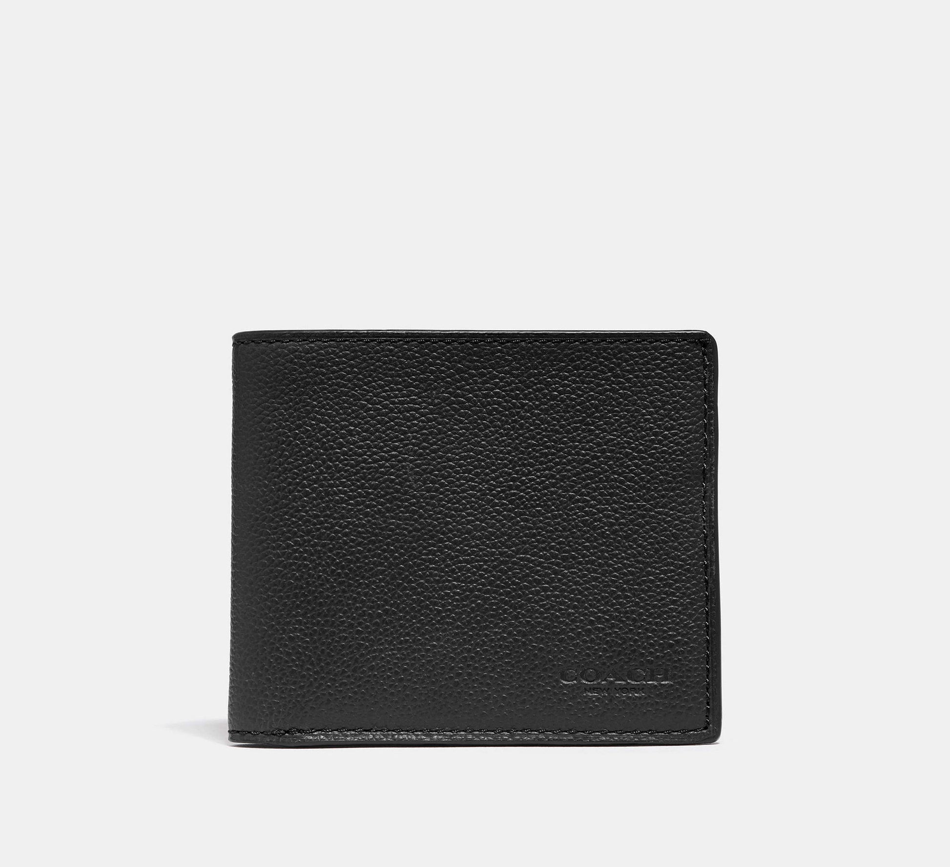 Coach Id Billfold Wallet Pebbled Leather Black - Front View | Authentic Coach Luxury Accessories