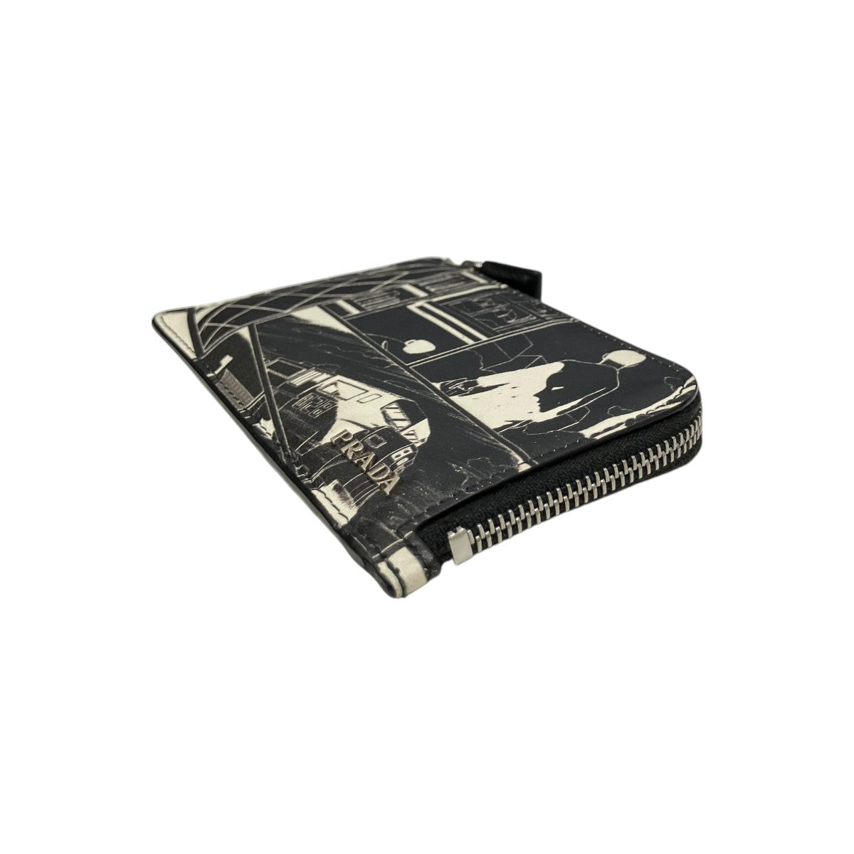 Prada Vitello Comic Print Zip Card Holder Card Case Black / White - Pre-owned
