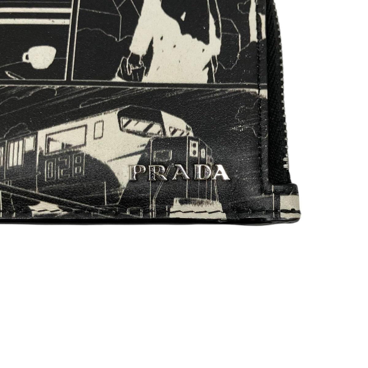 Prada Vitello Comic Print Zip Card Holder Card Case Black / White - Pre-owned