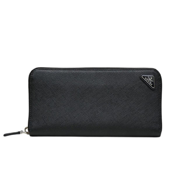 Prada Saffiano Triangle Zip Around Wallet Long Wallet Black - Pre-owned