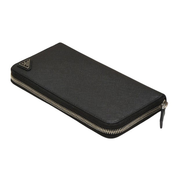 Prada Saffiano Triangle Zip Around Wallet Long Wallet Black - Pre-owned