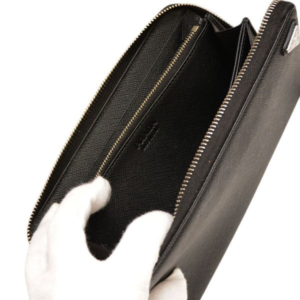 Prada Saffiano Triangle Zip Around Wallet Long Wallet Black - Pre-owned