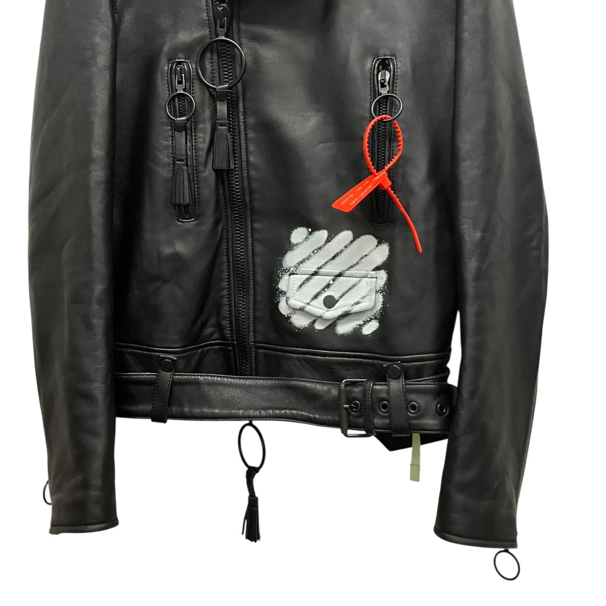 Off-White Tagged Bias Spray Logo Double Riders Jacket Black - Pre-owned