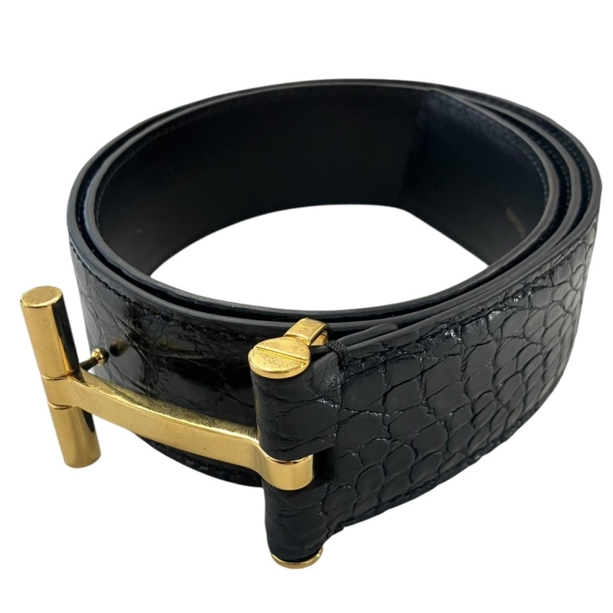 Tom Ford T Buckle Embossed Leather Belt Black Gold - Pre-owned