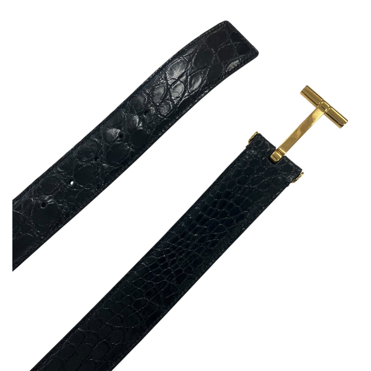 Tom Ford T Buckle Embossed Leather Belt Black Gold - Pre-owned
