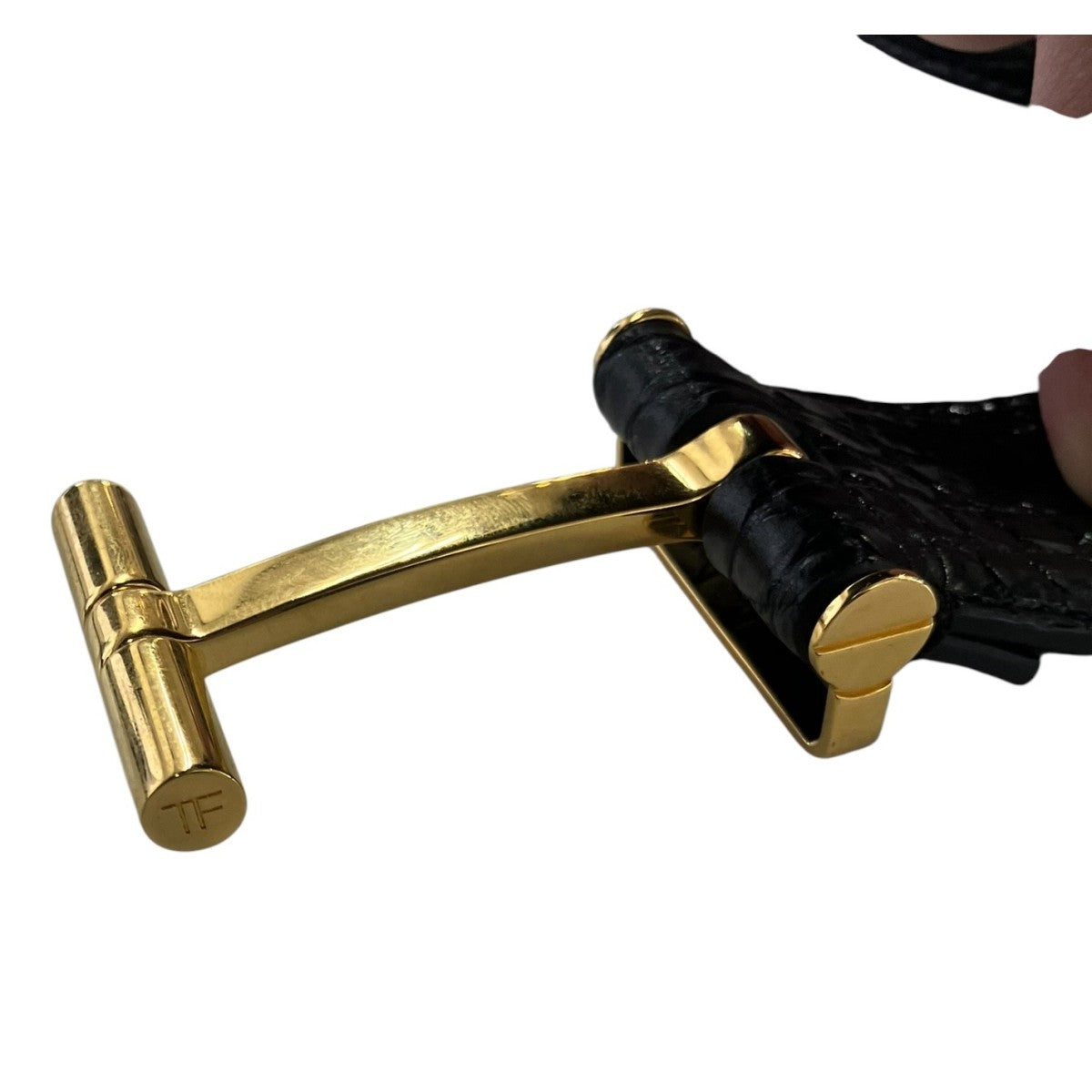 Tom Ford T Buckle Embossed Leather Belt Black Gold - Pre-owned