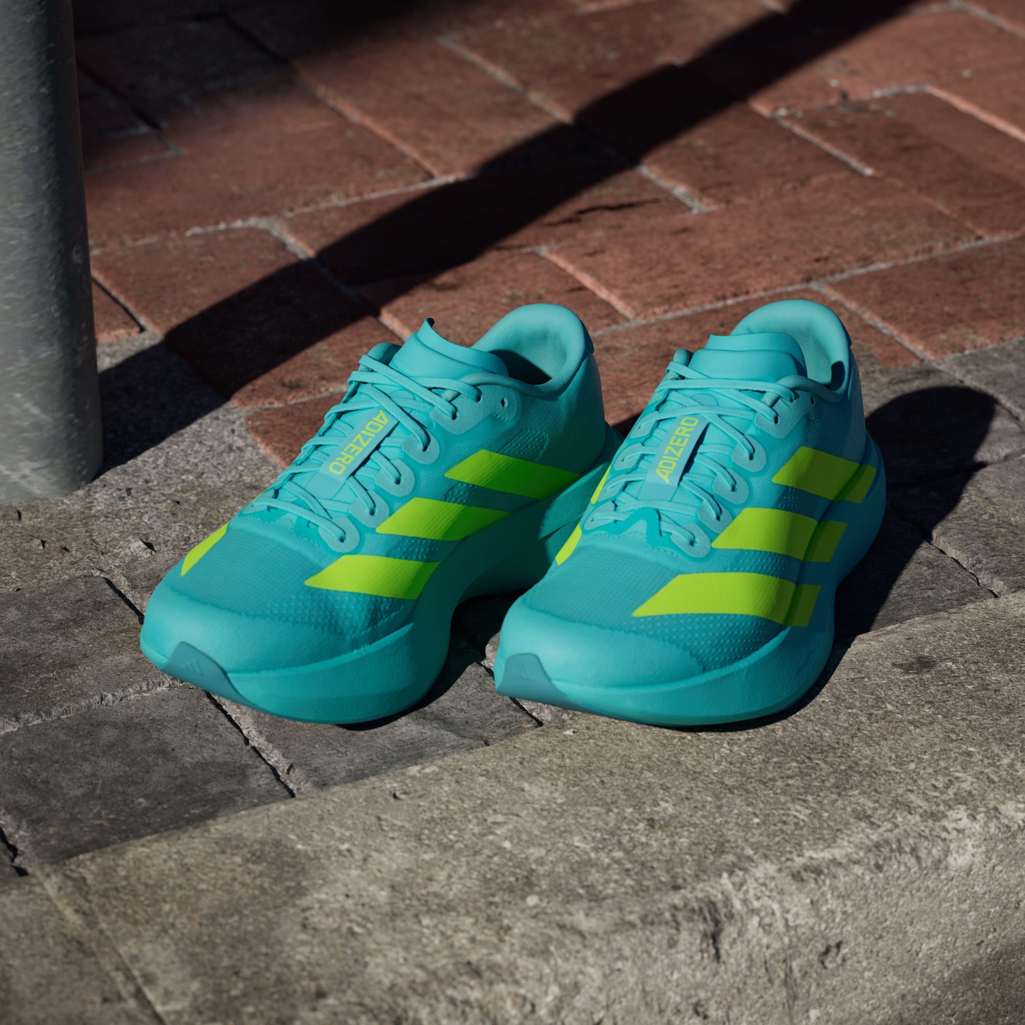 Adidas Adizero Evo SL running shoes in Flash Aqua Lucid Lemon
