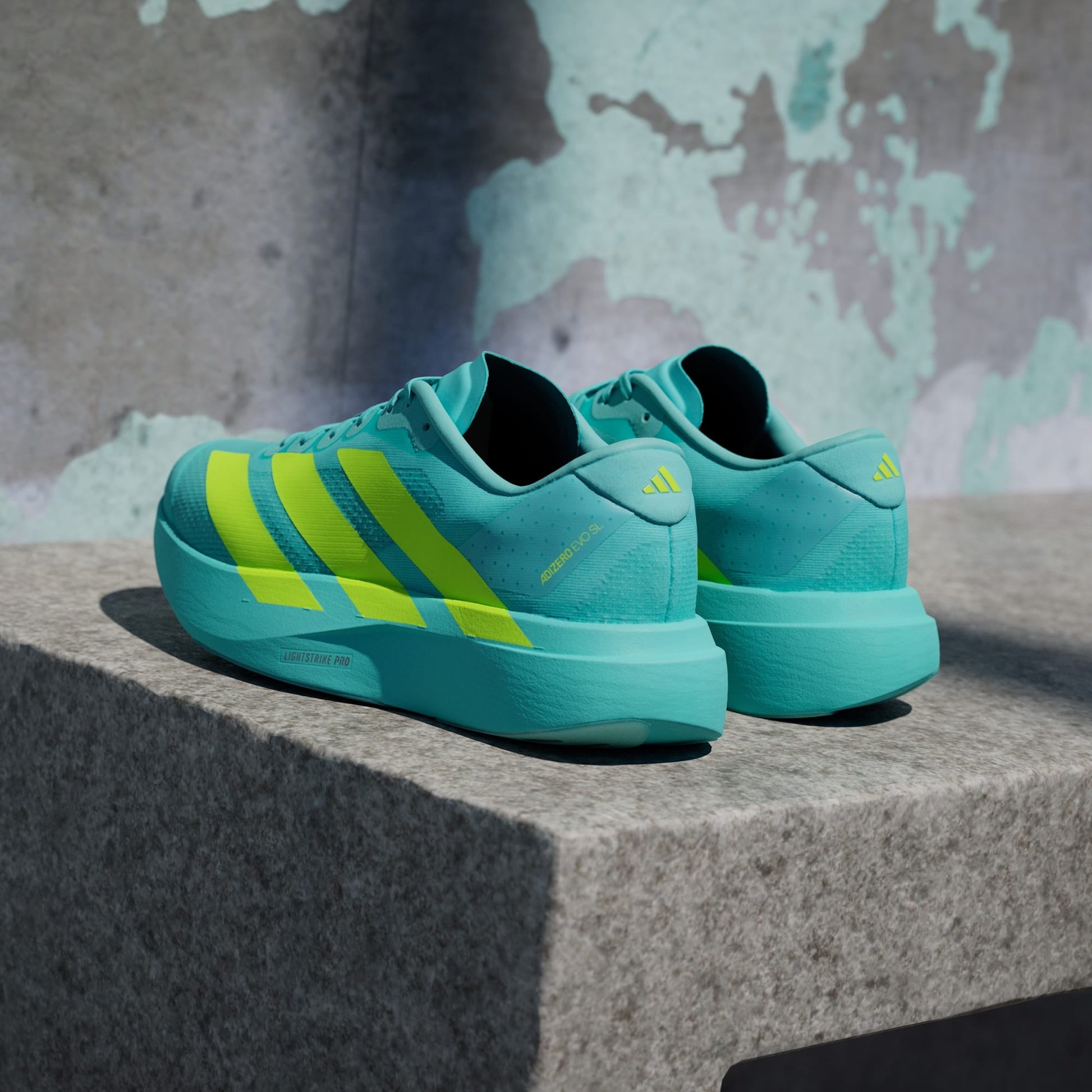 Adidas Adizero Evo SL running shoes in Flash Aqua Lucid Lemon
