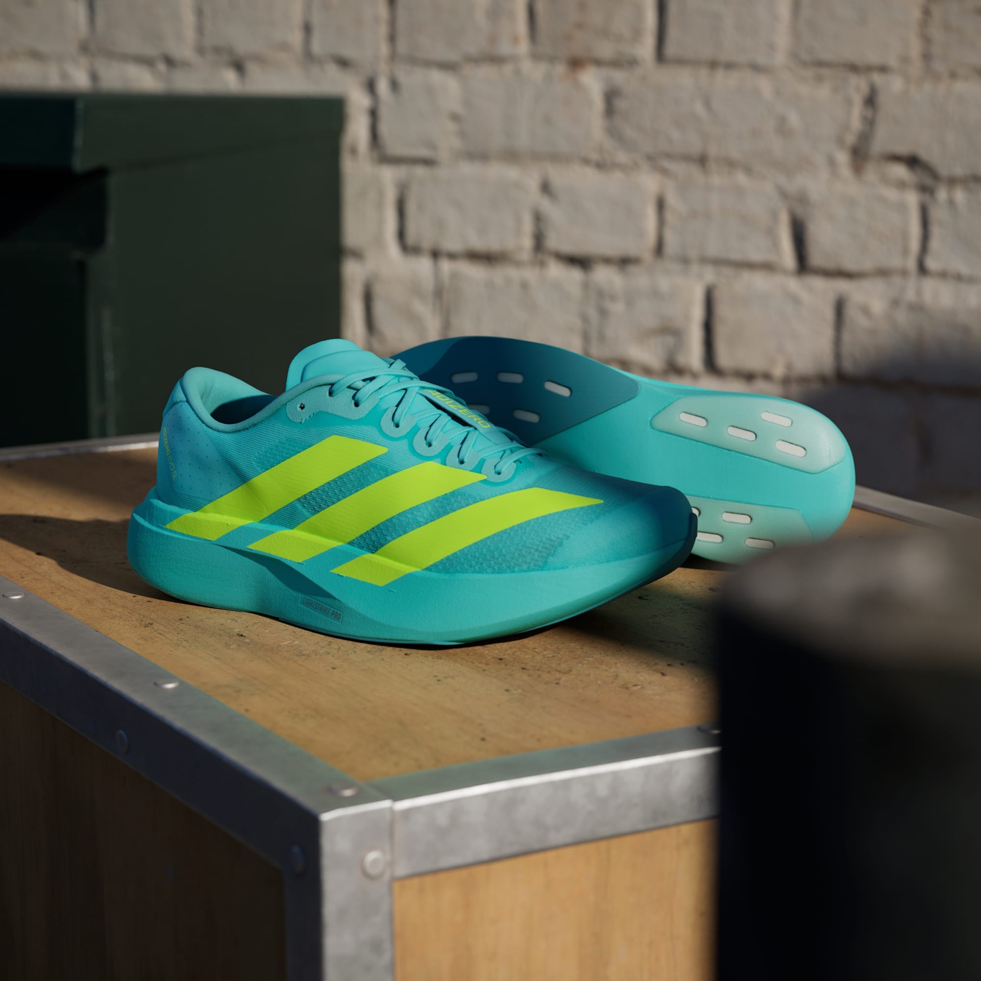 Adidas Adizero Evo SL running shoes in Flash Aqua Lucid Lemon