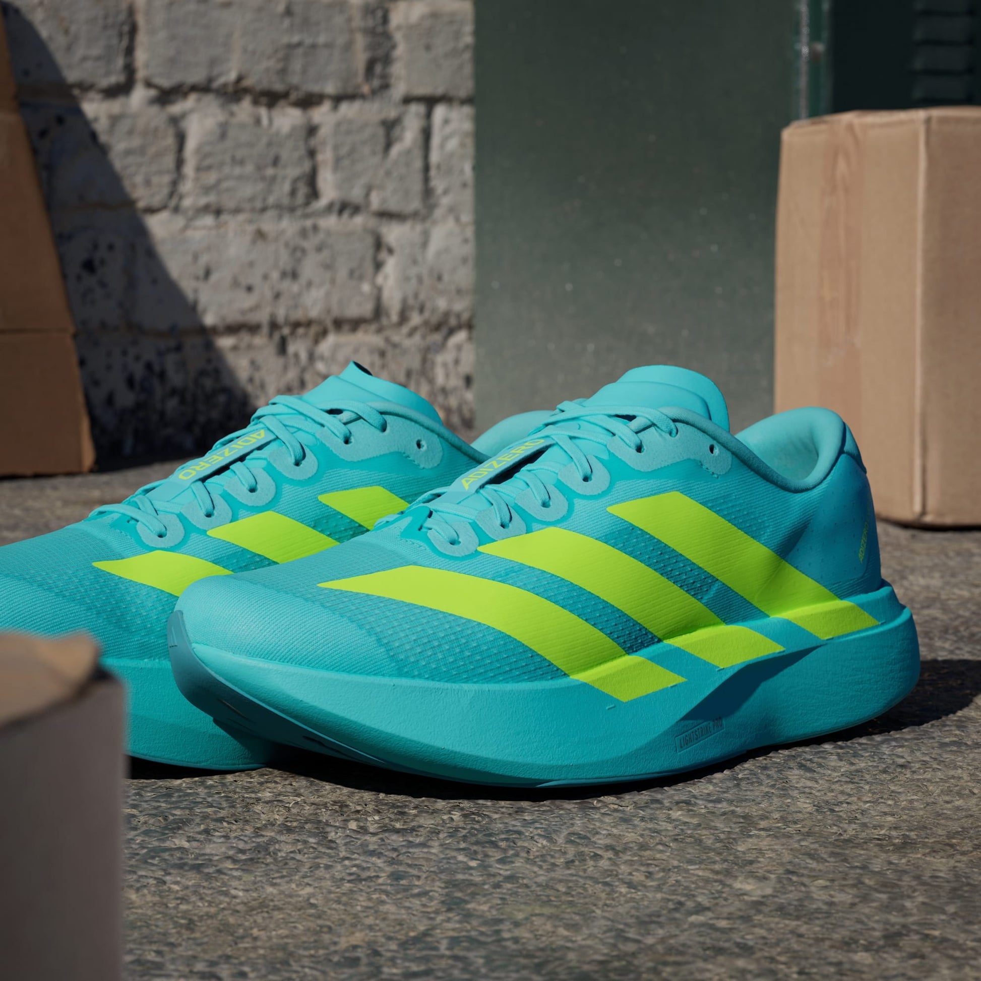 Adidas Adizero Evo SL running shoes in Flash Aqua Lucid Lemon