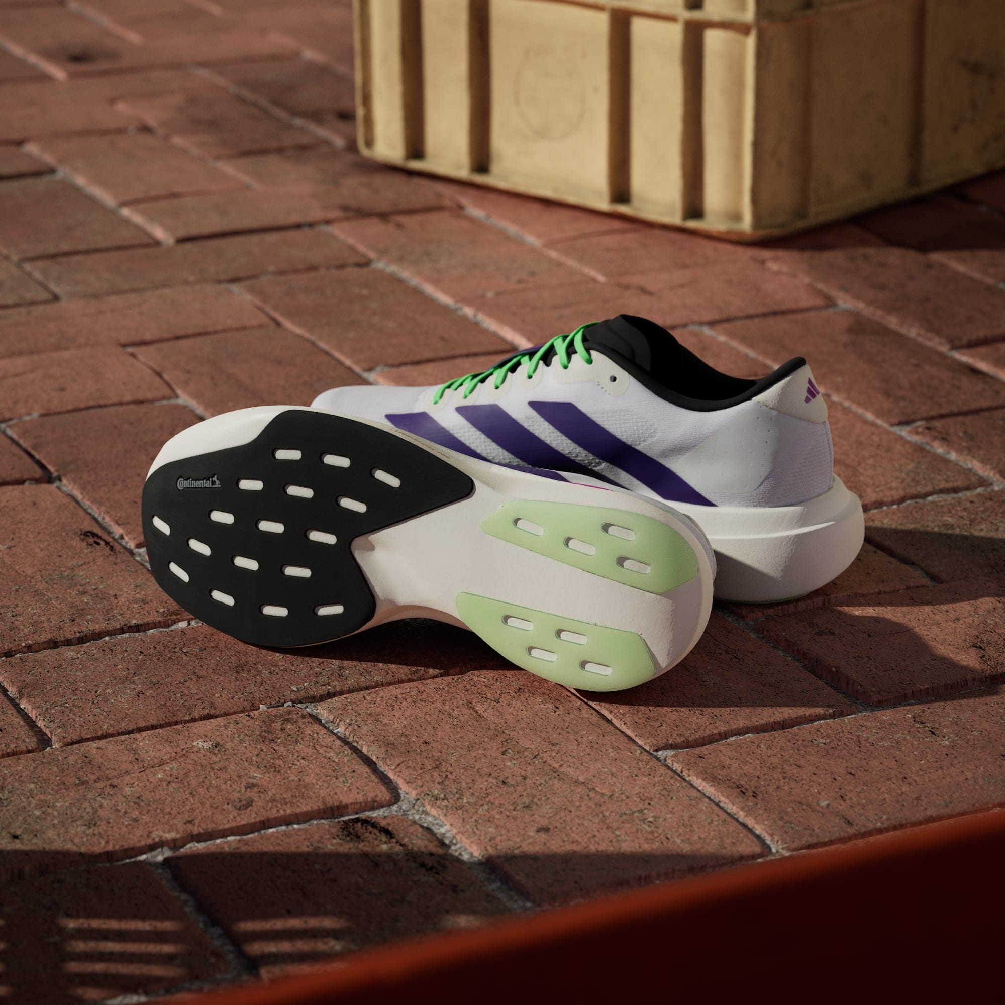 Adidas Adizero Evo SL running shoes in Collegiate Purple Lime Burst
