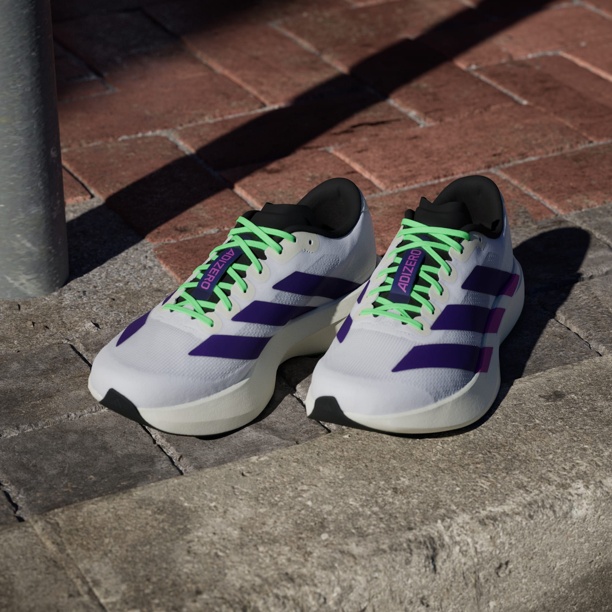 Adidas Adizero Evo SL running shoes in Collegiate Purple Lime Burst