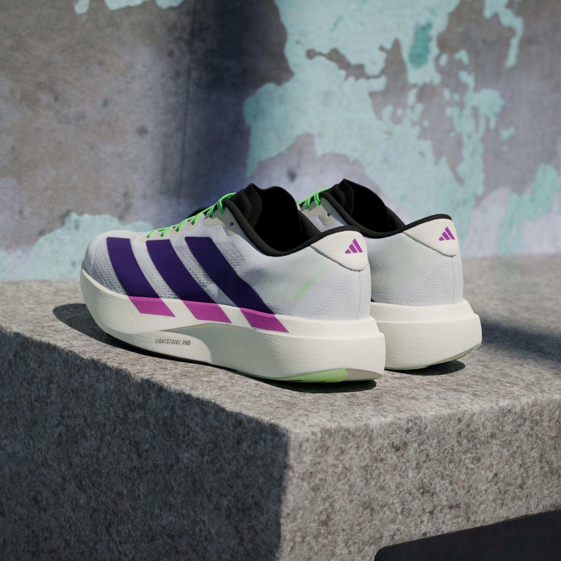 Adidas Adizero Evo SL running shoes in Collegiate Purple Lime Burst