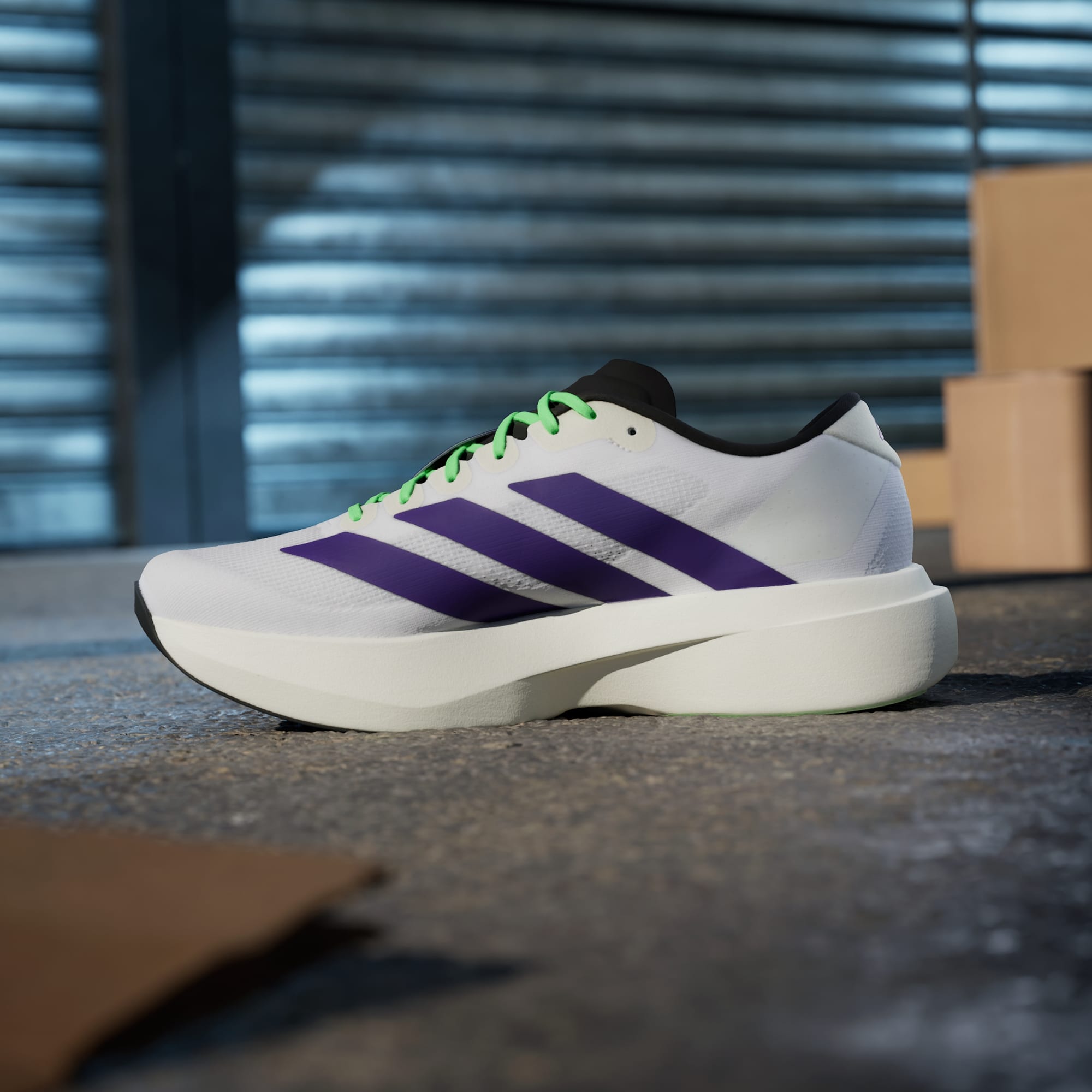 Adidas Adizero Evo SL running shoes in Collegiate Purple Lime Burst