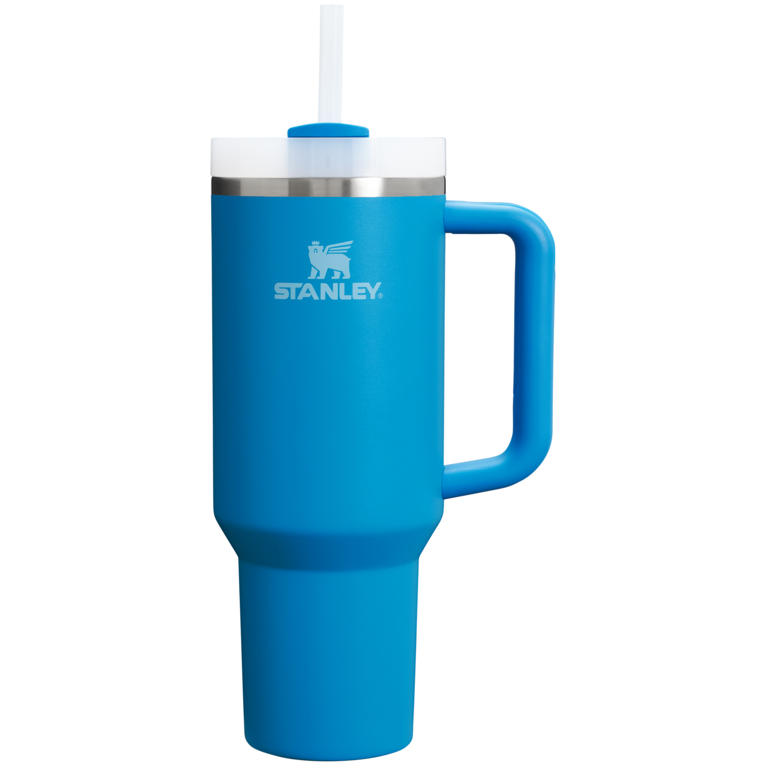 Azure blue Stanley Quencher H2.0 40oz tumbler showing handle, lid, and sustainable materials