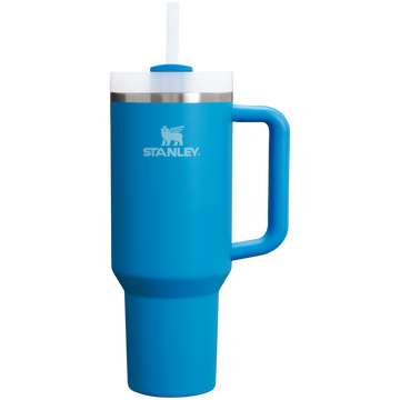 Azure blue Stanley Quencher H2.0 40oz tumbler showing handle, lid, and sustainable materials