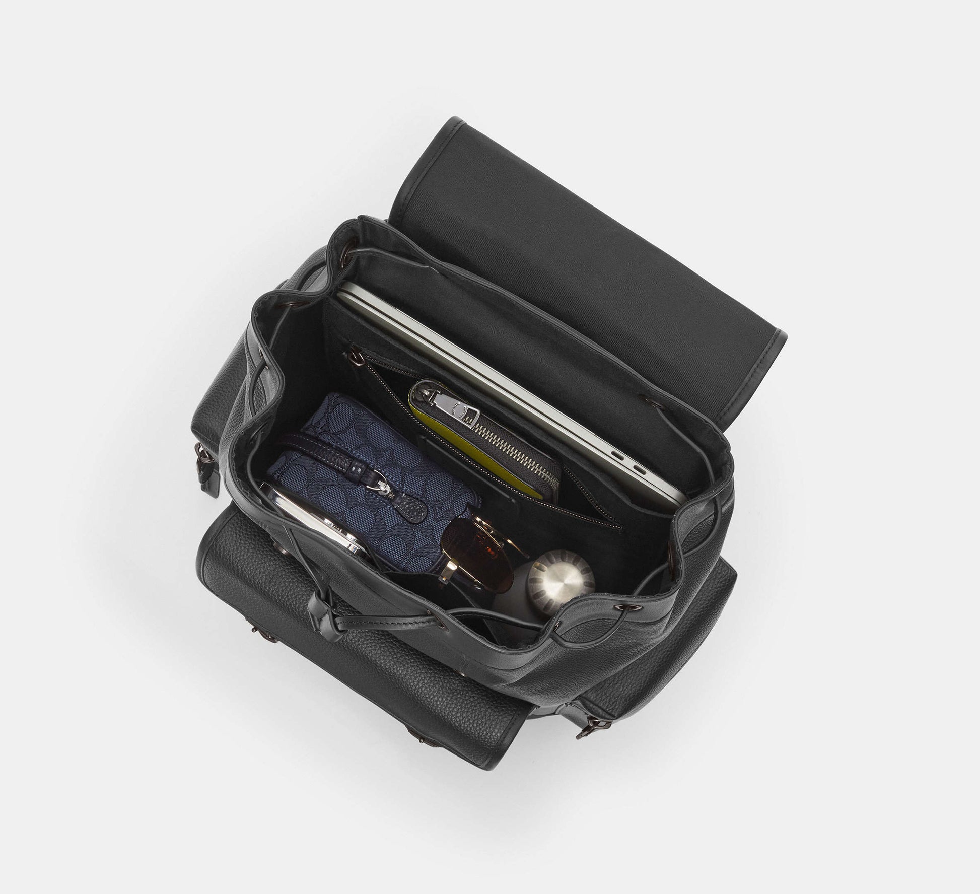 Coach Sprint Backpack In Signature Canvas With Patches Charcoal - Front View | Authentic Coach Luxury Accessories