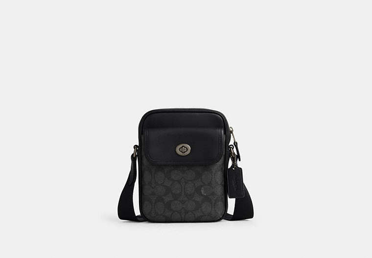 Coach Turnlock Crossbody Bag In Signature Canvasc Charcoal/Black in gray - Front View | Authentic Coach Luxury Accessories
