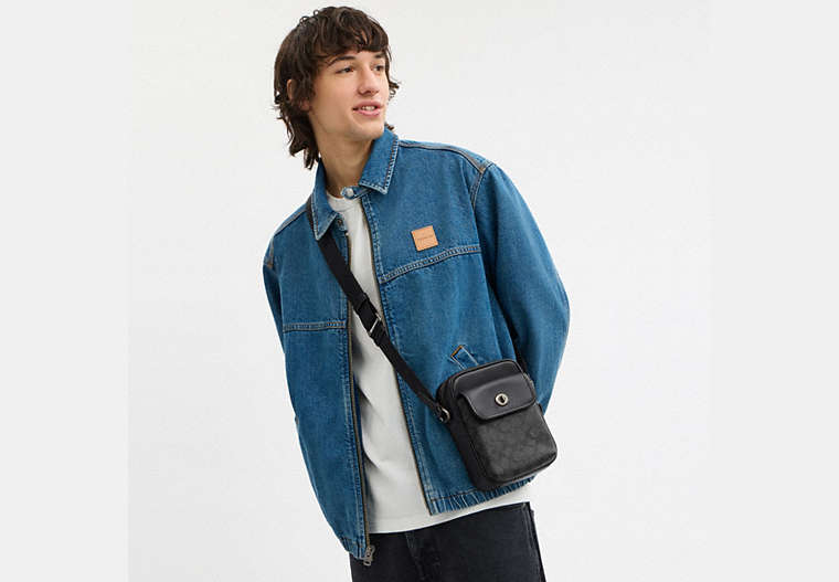 Coach Turnlock Crossbody Bag In Signature Canvasc Charcoal/Black in gray - Front View | Authentic Coach Luxury Accessories