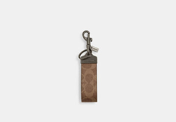 Coach Loop Key Fob In Signature Canvas Tan in beige - Front View | Authentic Coach Luxury Accessories