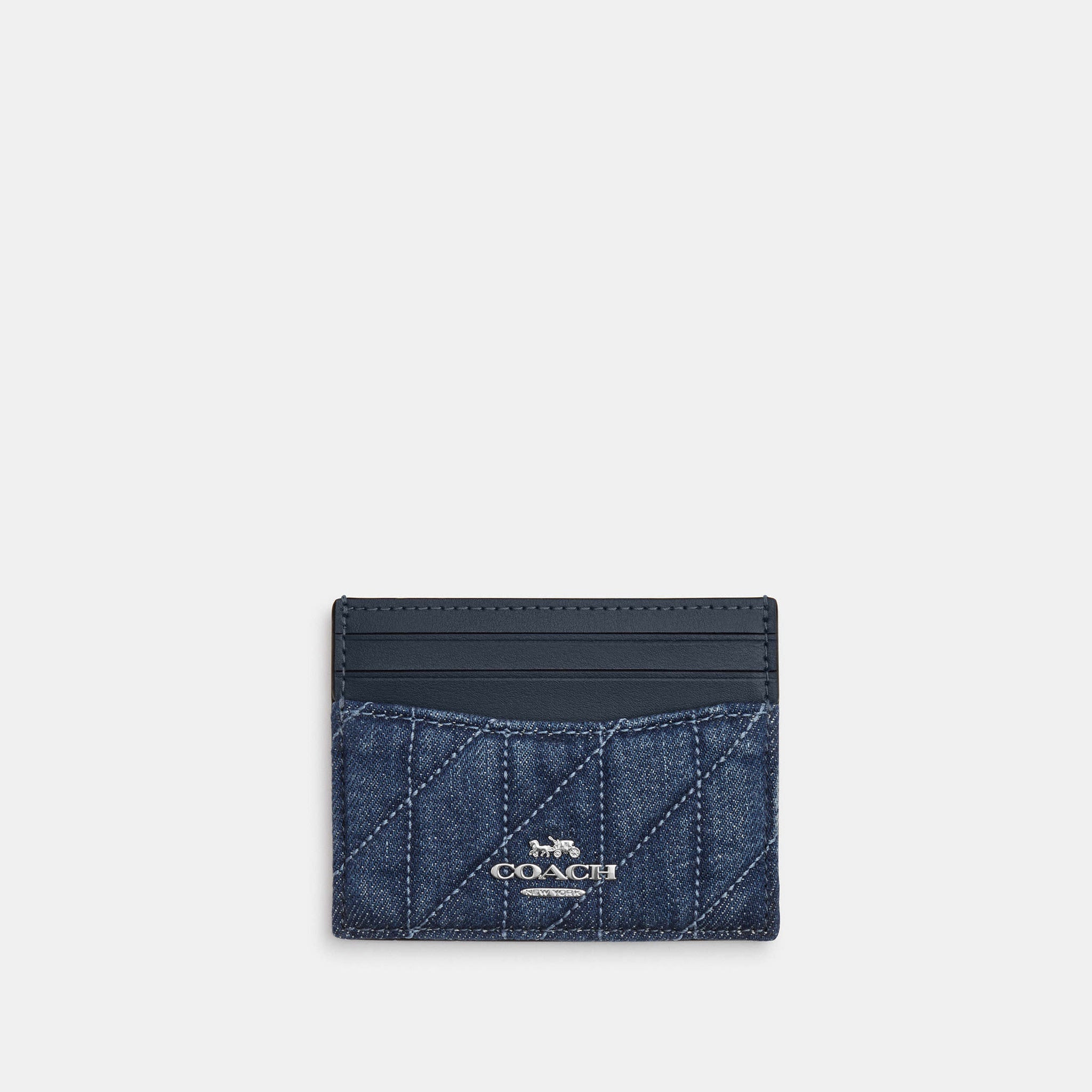 Coach Slim Id Card Case With Quilting Denim Blue - Front View | Authentic Coach Luxury Accessories