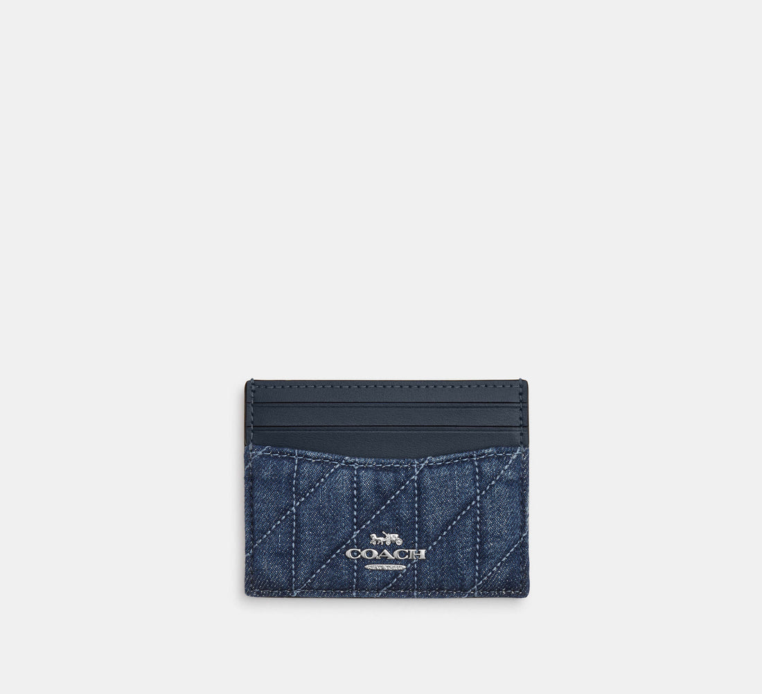 Coach Slim Id Card Case With Quilting Denim Blue - Front View | Authentic Coach Luxury Accessories