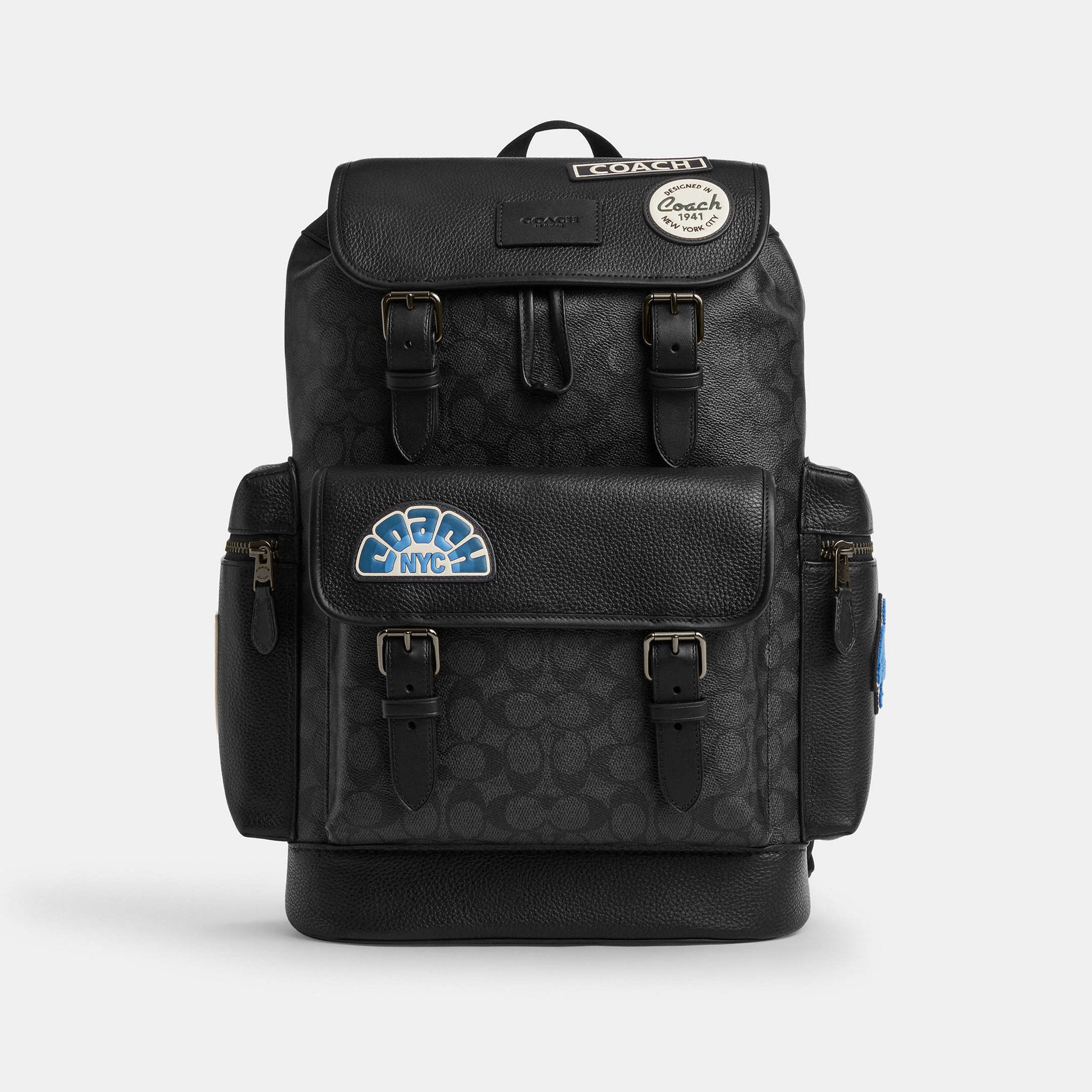 Coach Sprint Backpack In Signature Canvas With Patches Charcoal - Front View | Authentic Coach Luxury Accessories