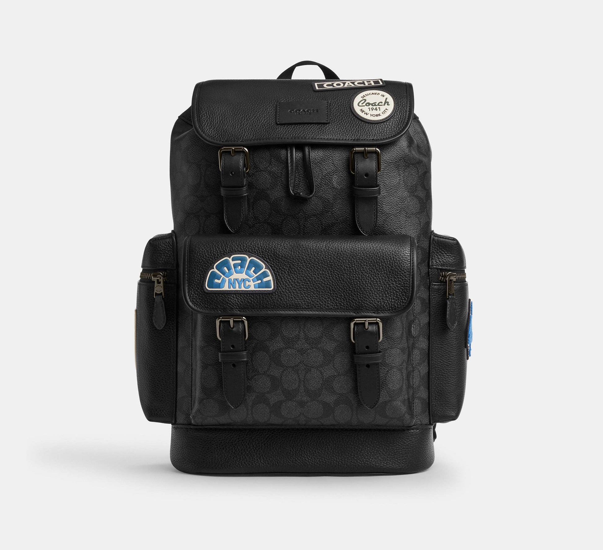 Coach Sprint Backpack In Signature Canvas With Patches Charcoal - Front View | Authentic Coach Luxury Accessories