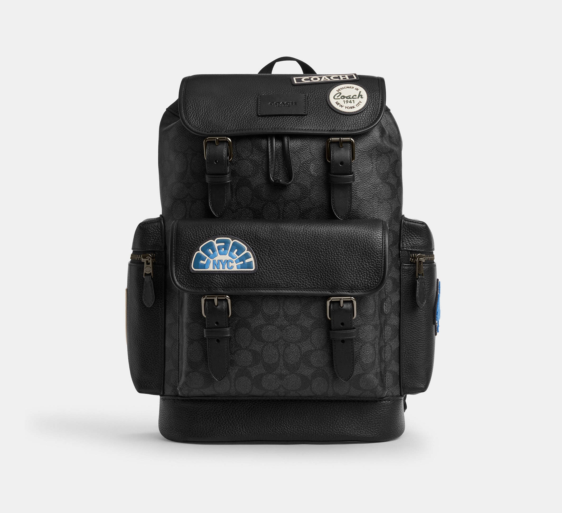 Coach Sprint Backpack In Signature Canvas With Patches Charcoal - Front View | Authentic Coach Luxury Accessories