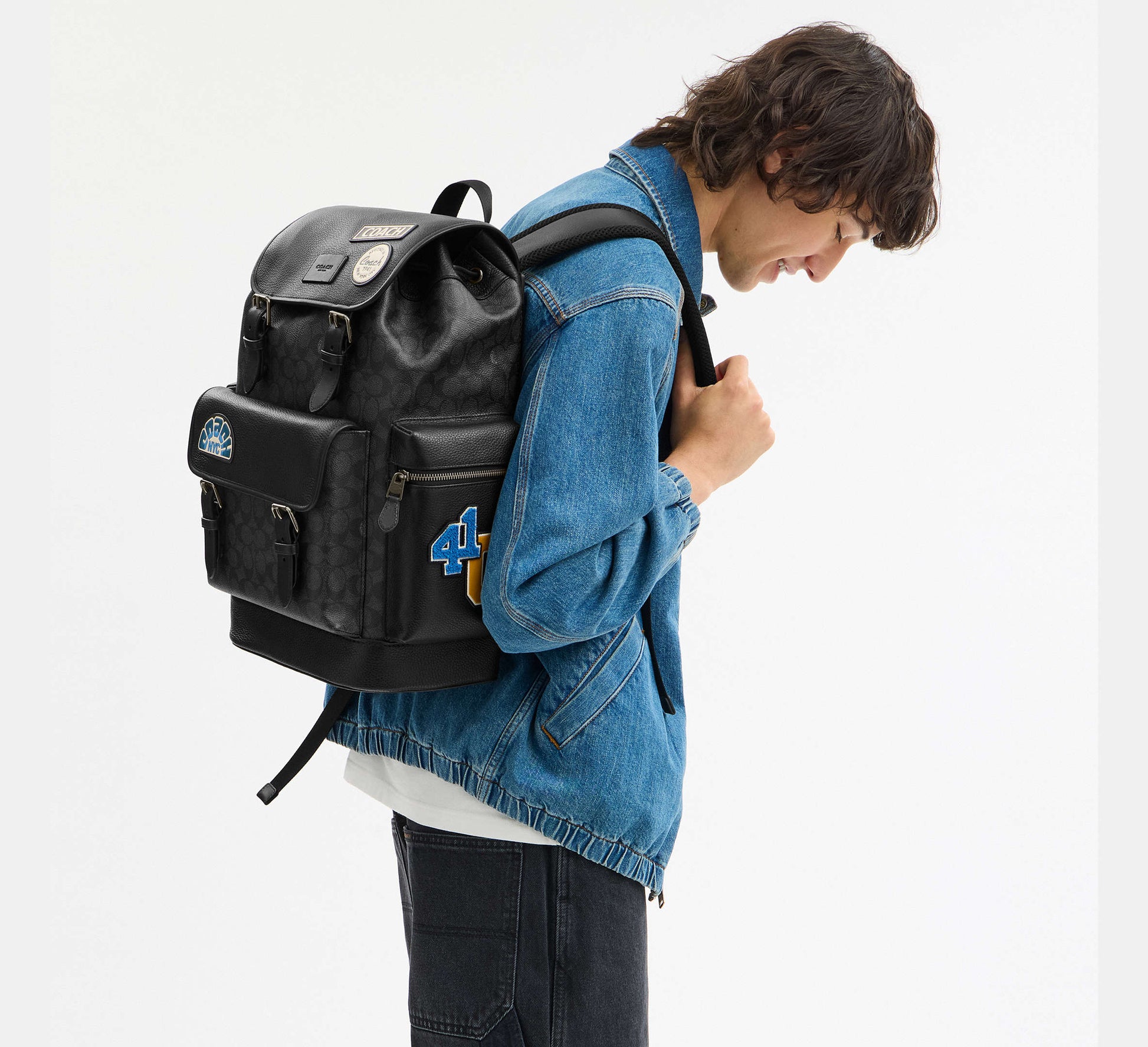 Coach Sprint Backpack In Signature Canvas With Patches Charcoal - Front View | Authentic Coach Luxury Accessories