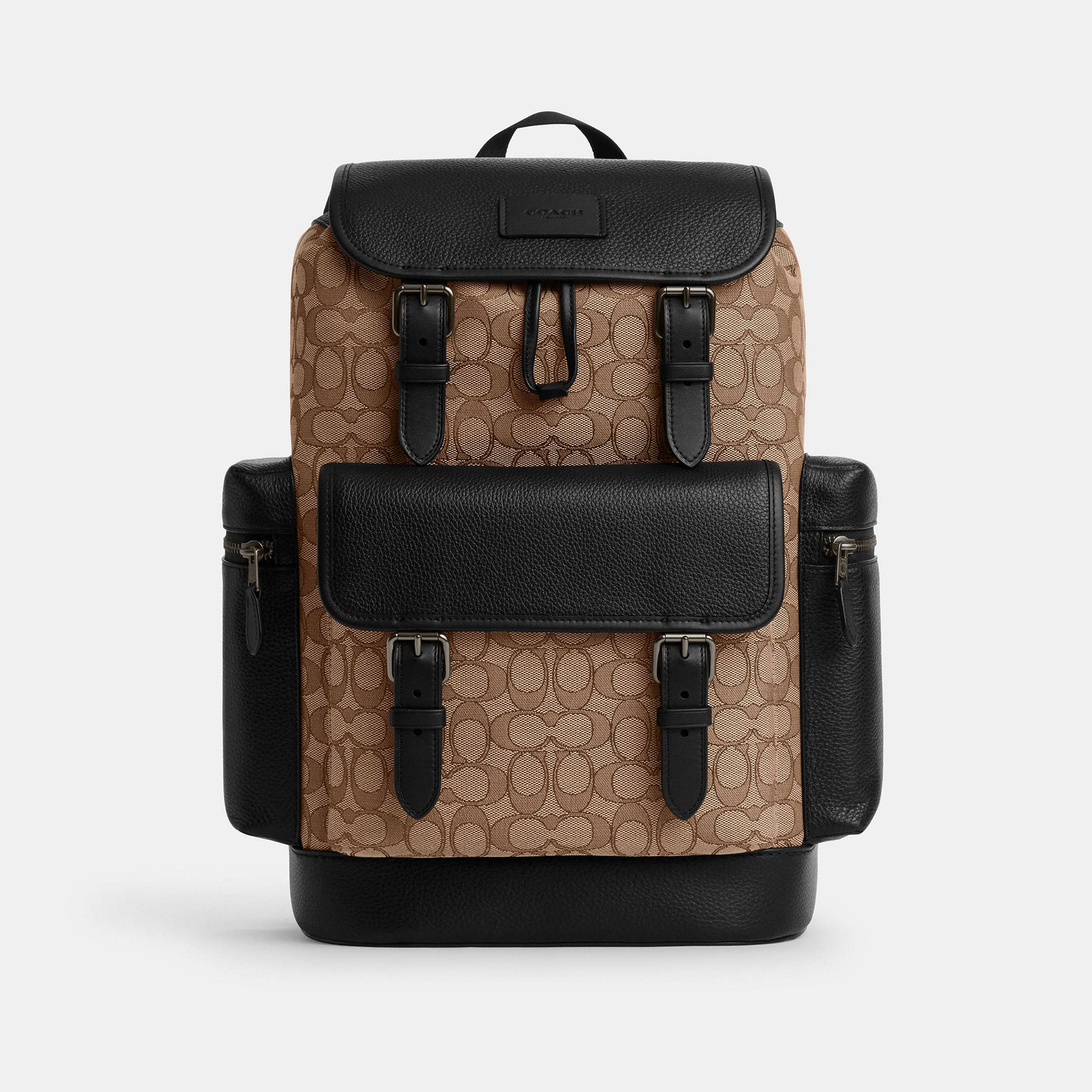 Coach Sprint Backpack In Signature Jacquard Tan/Black - Front View | Authentic Coach Luxury Accessories
