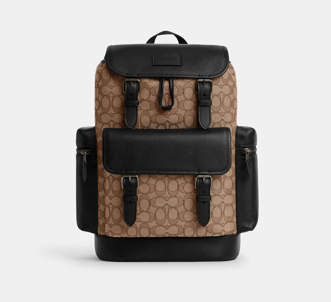Coach Sprint Backpack In Signature Jacquard Tan/Black - Front View | Authentic Coach Luxury Accessories