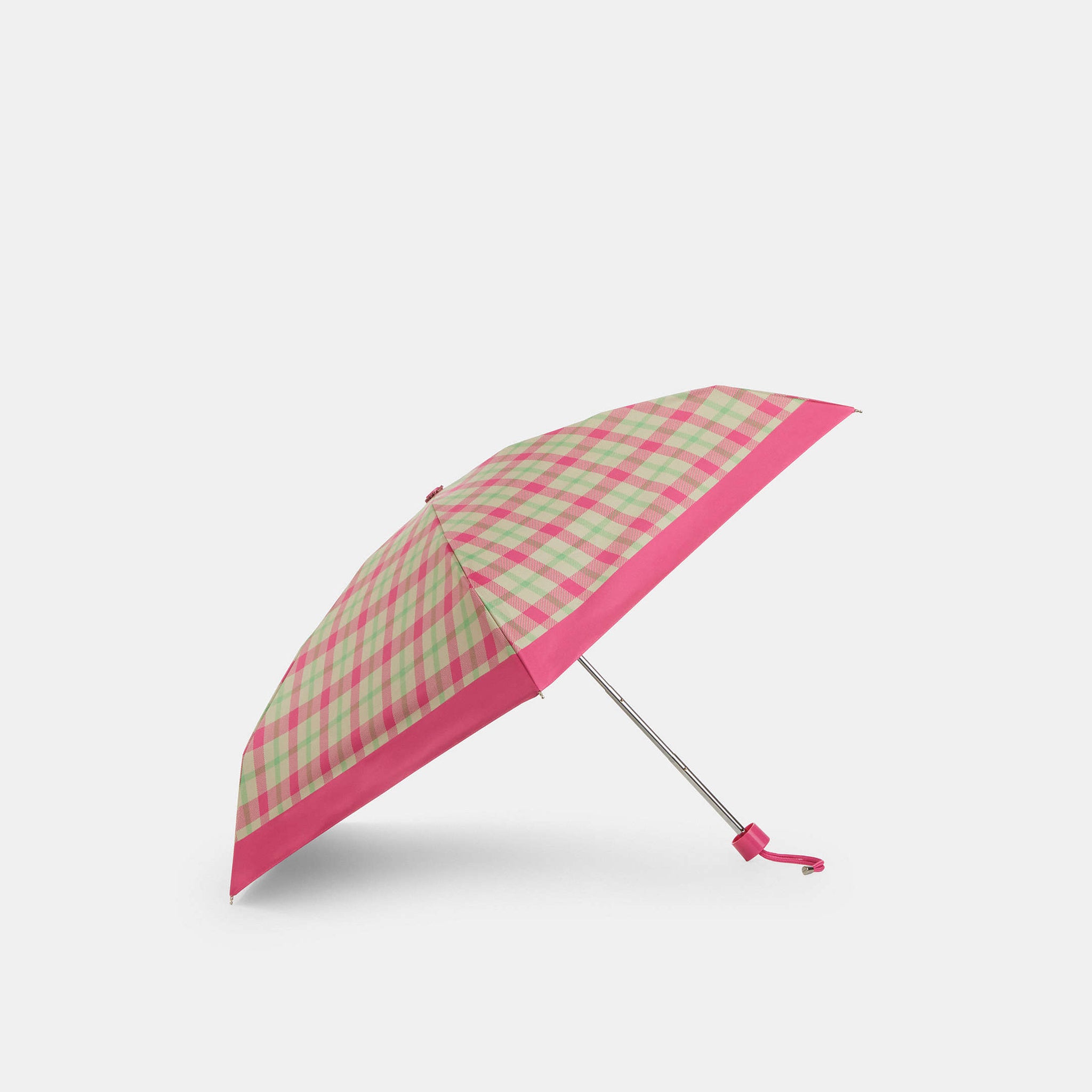 Coach Uv Protection Mini Umbrella With Plaid Print Silver/Pink - Front View | Authentic Coach Luxury Accessories