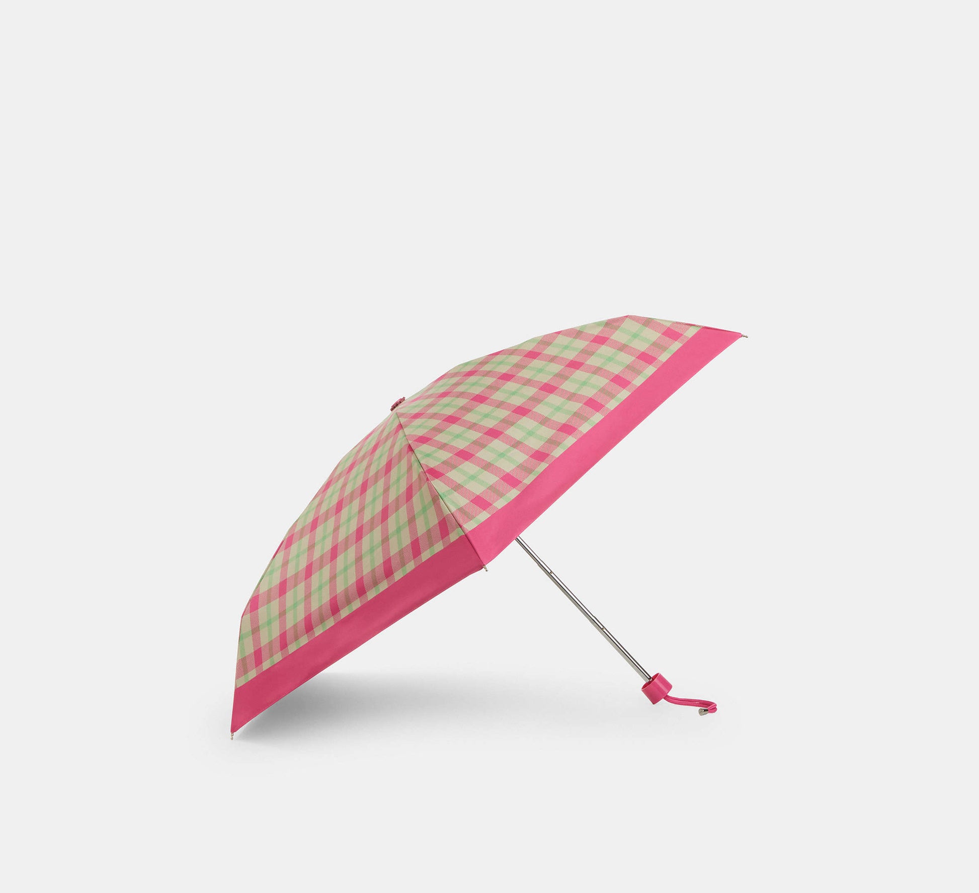 Coach Uv Protection Mini Umbrella With Plaid Print Silver/Pink - Front View | Authentic Coach Luxury Accessories