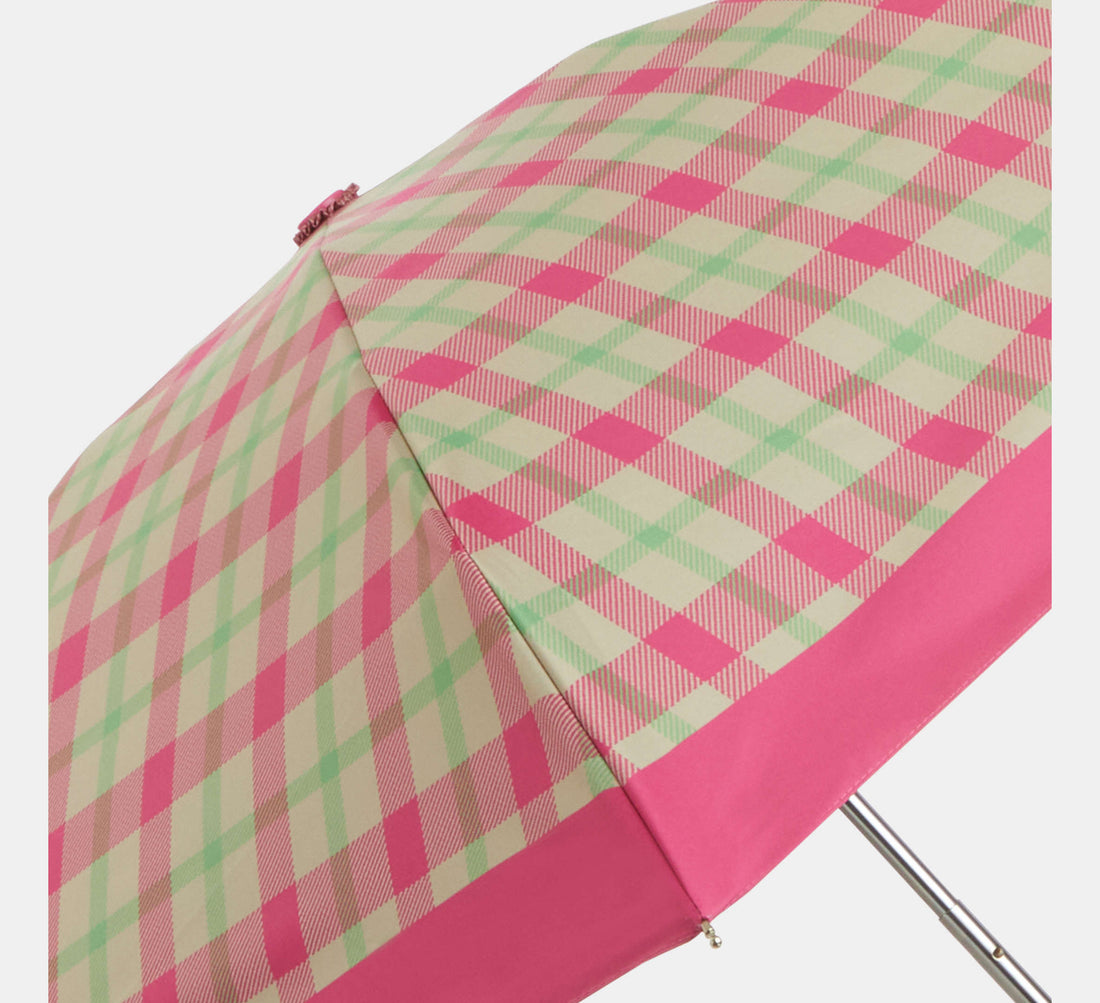 Coach Uv Protection Mini Umbrella With Plaid Print Silver/Pink - Front View | Authentic Coach Luxury Accessories