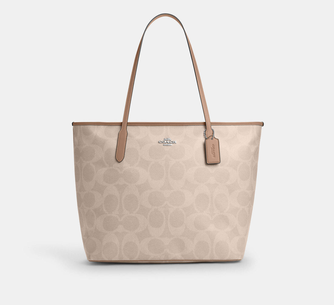 Coach Large City Tote Bag in Maxi Signature Canvas in Silver/Sand/Taupe - Front View